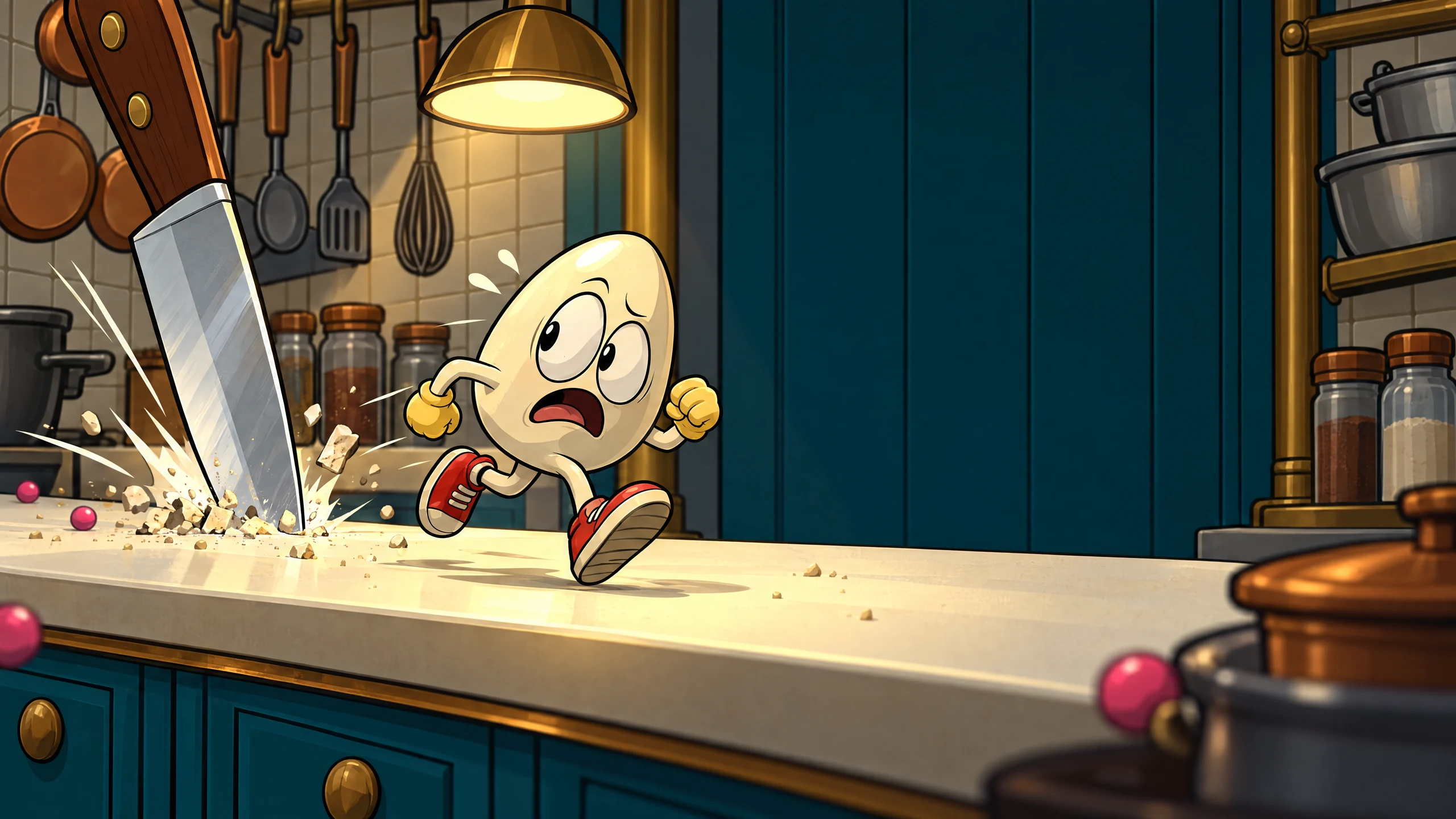 Eggward leaps away as a giant kitchen knife crashes into the counter behind him.